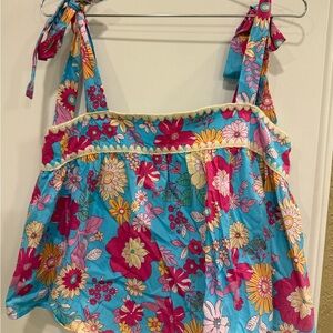 Floral Tie-Strap Women's Tank Top and short set in Turquoise & Fuchsia